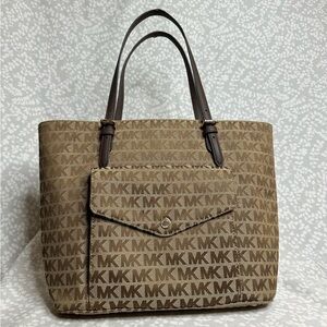 Michael Kors Signature MK Jet Set Pocket Handbag Tote Jacquard Large Brown Beige